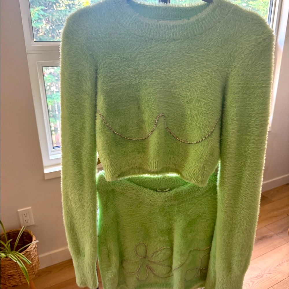 For Love And Lemons Green Crew Neck Sweater with Whimsical Design